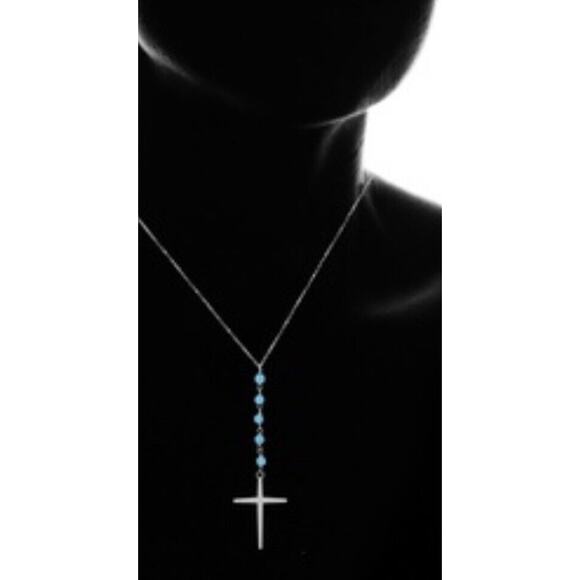 Golden Moon Inc Turquoise Beaded and Sterling Silver Rosary Cross Necklace - Picture 2 of 8